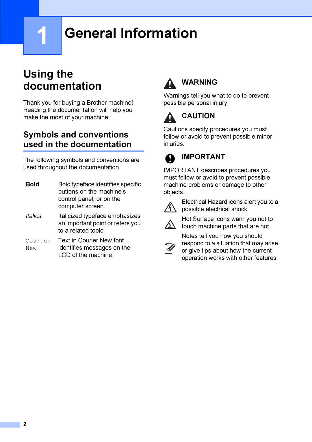 Brother DCP-375CW General Information, Using the documentation, Symbols and conventions used in the documentation, Bold 