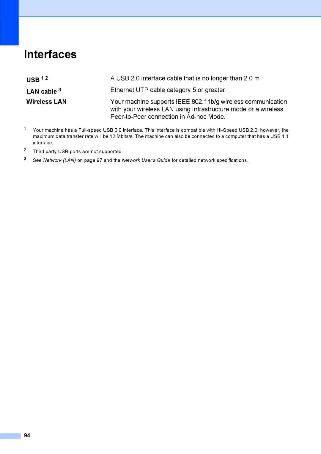 Brother DCP-375CW manual Interfaces, USB 1 2 LAN cable 3 Wireless LAN 