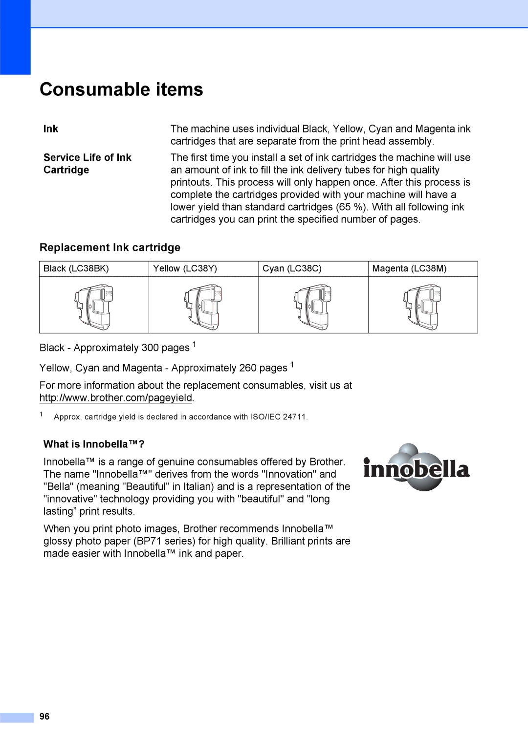 Brother DCP-375CW manual Consumable items, Replacement Ink cartridge 