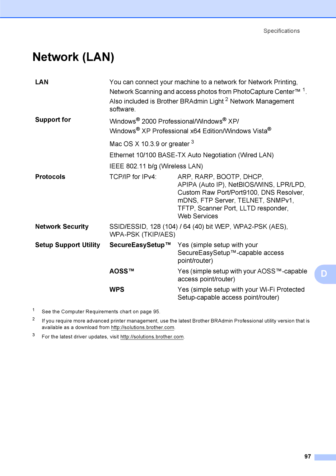 Brother DCP-375CW manual Network LAN, Support for, Protocols, Network Security, Setup Support Utility SecureEasySetup 