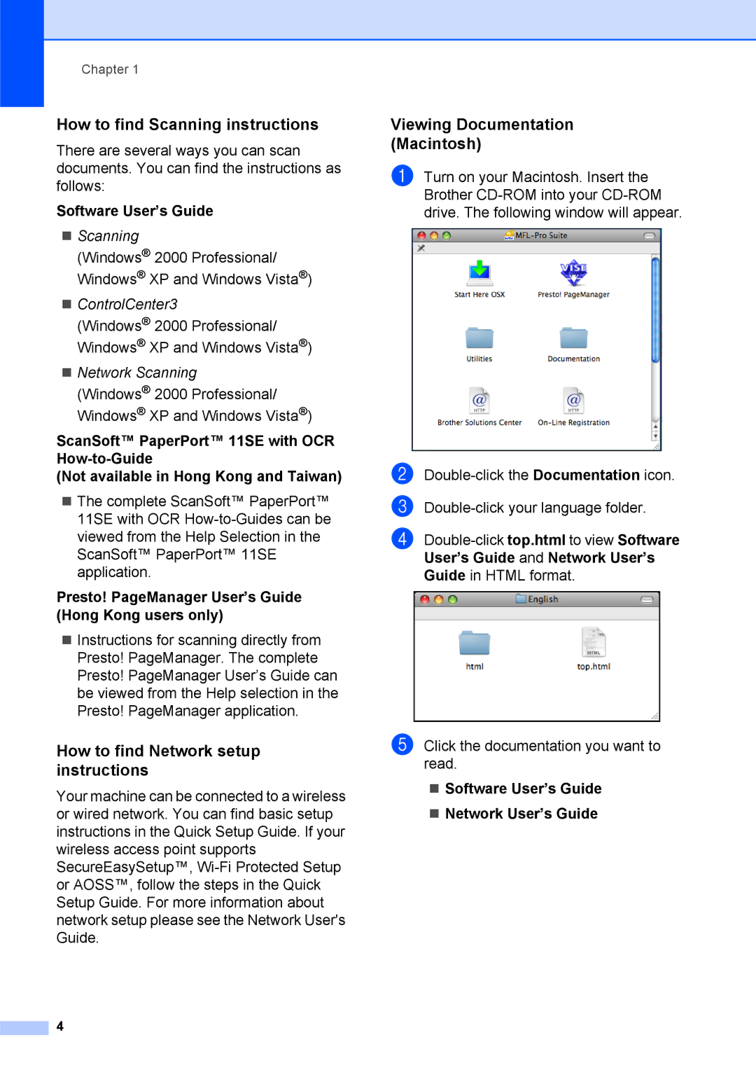 Brother DCP-375CW manual How to find Scanning instructions, How to find Network setup instructions 