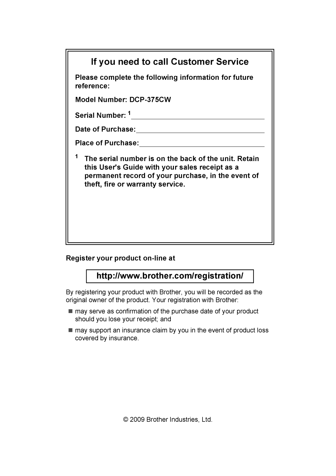 Brother DCP-375CW manual If you need to call Customer Service 