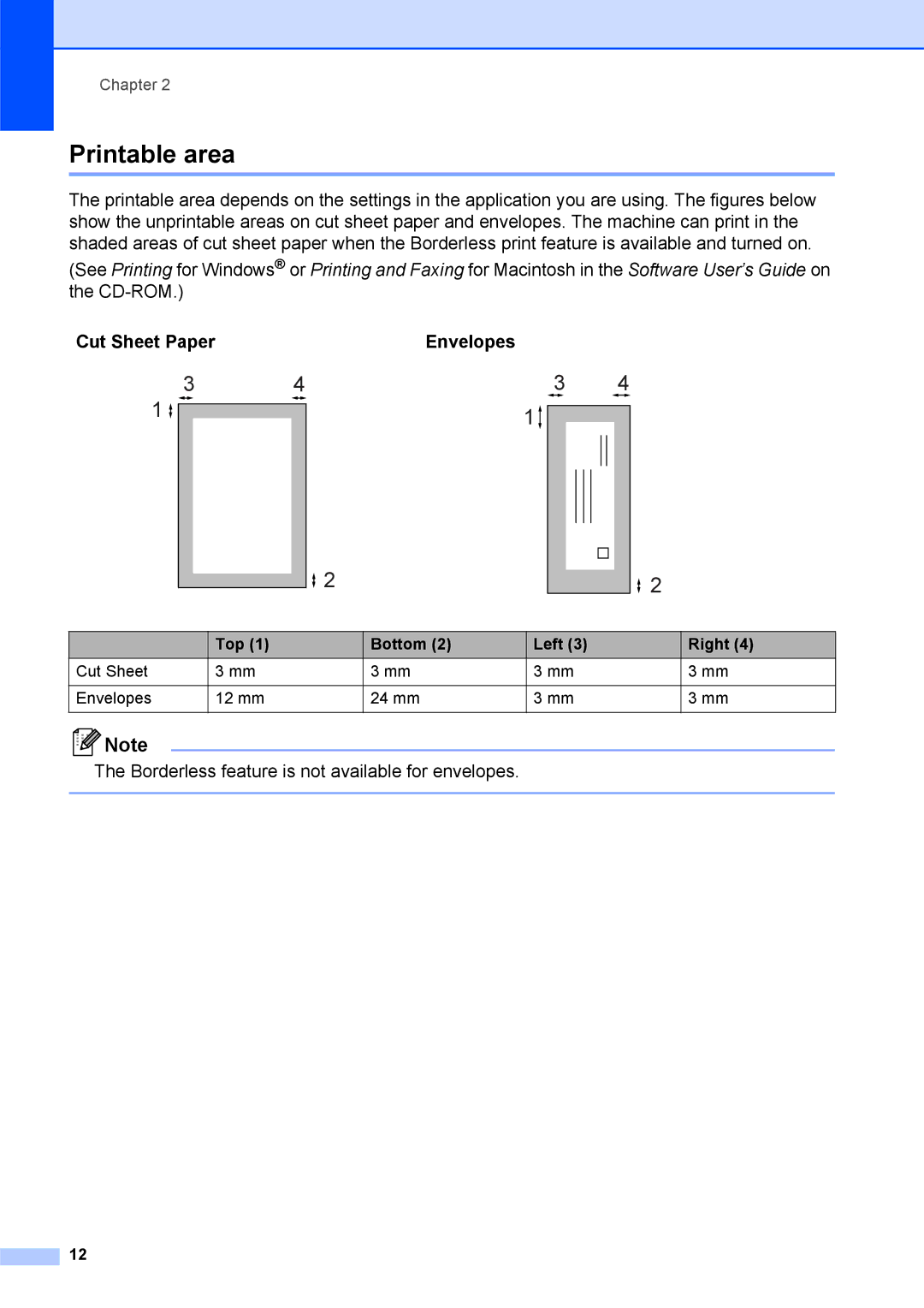 Brother DCP-375CW manual Printable area, Cut Sheet Paper Envelopes 