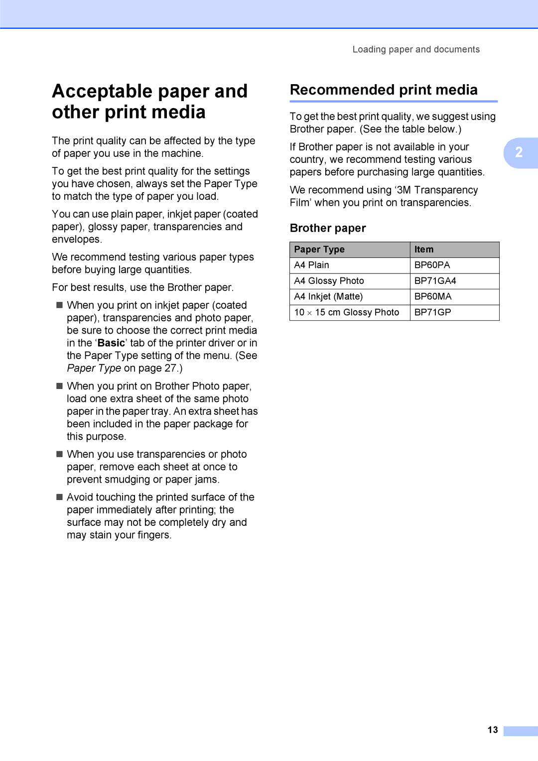 Brother DCP-375CW manual Acceptable paper and other print media, Recommended print media, Brother paper 