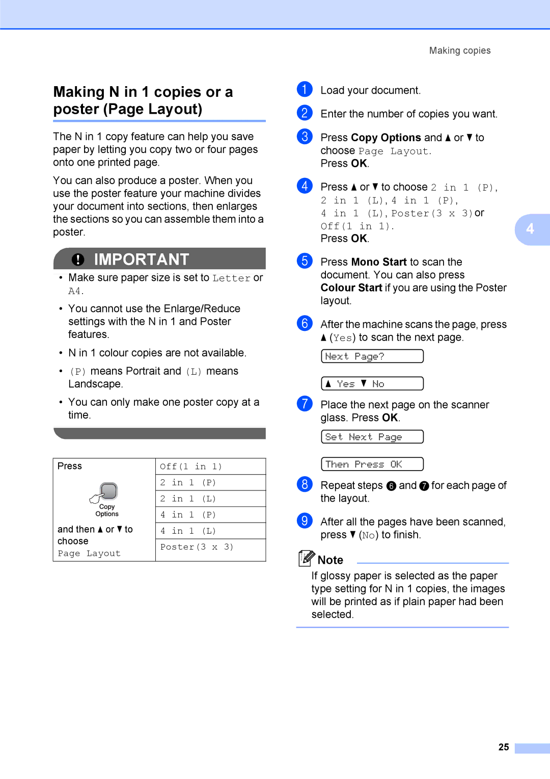 Brother DCP-375CW manual Making N in 1 copies or a poster Page Layout, P Poster3 x 3or Off1 