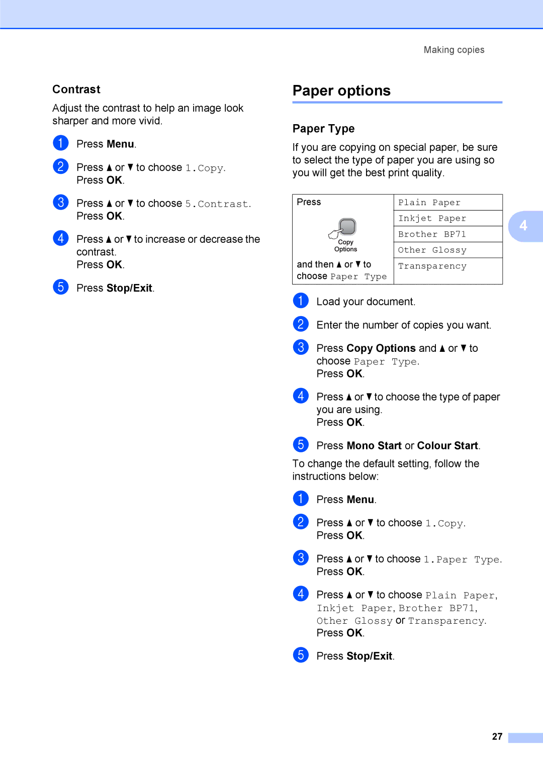 Brother DCP-375CW manual Paper options, Contrast, Paper Type 