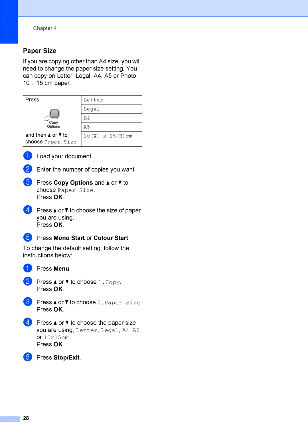 Brother DCP-375CW manual Paper Size 