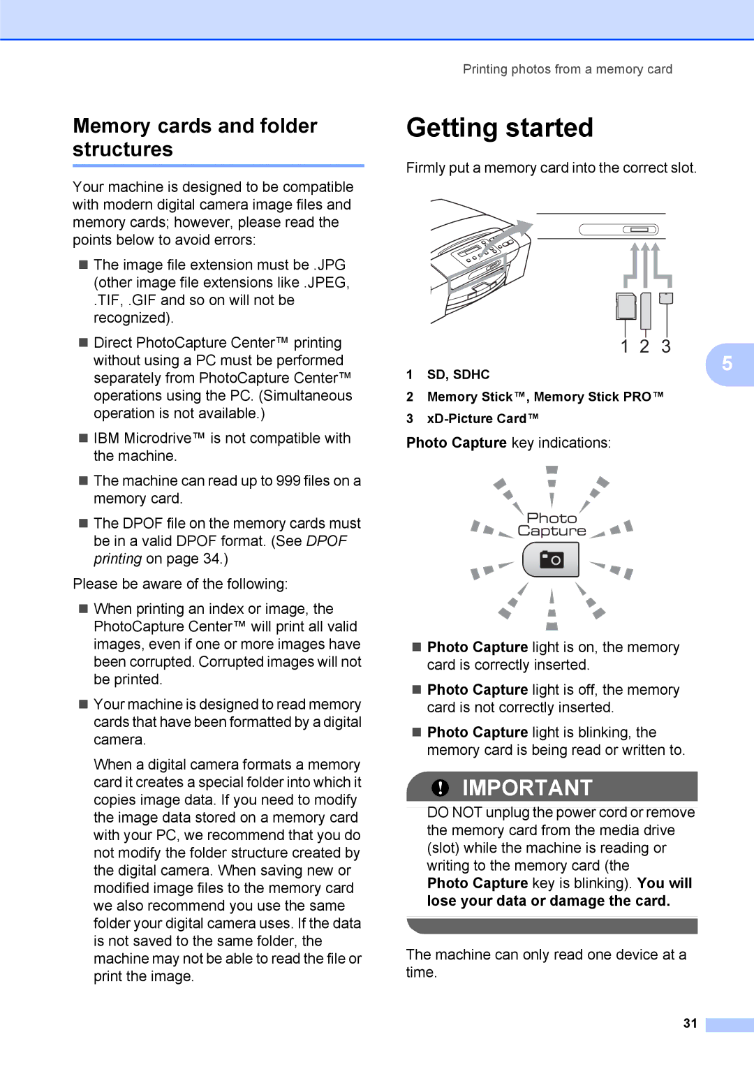 Brother DCP-375CW manual Getting started, Memory cards and folder structures 