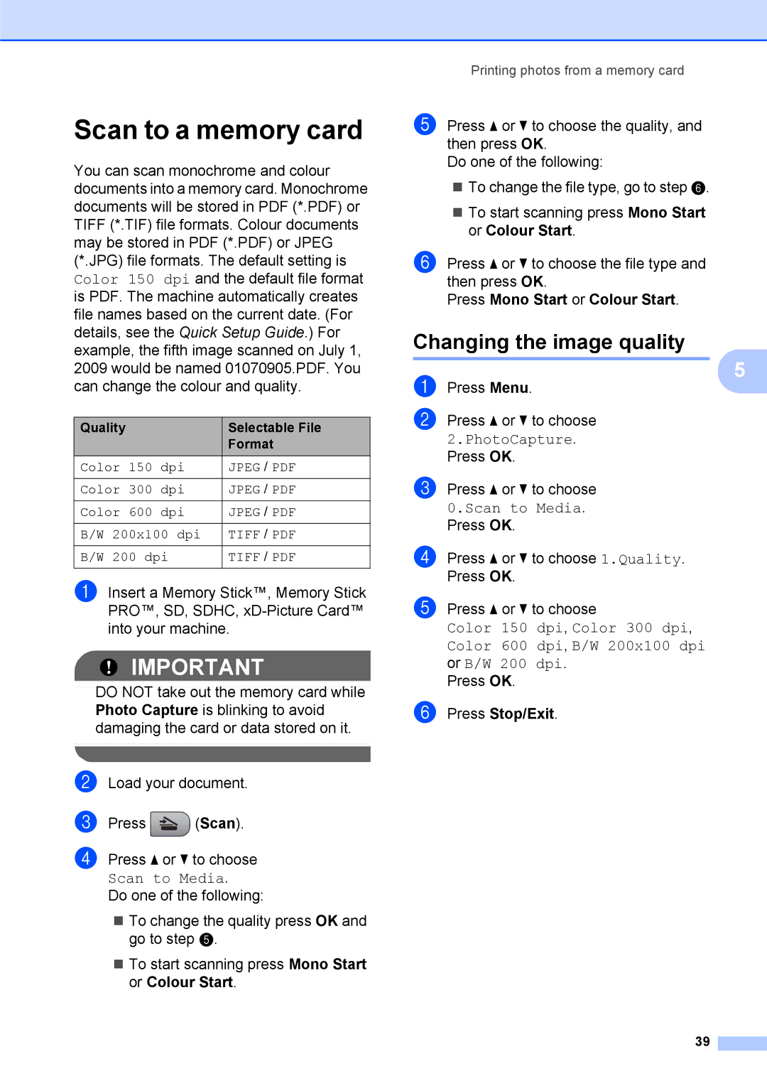 Brother DCP-375CW manual Scan to a memory card, Changing the image quality 