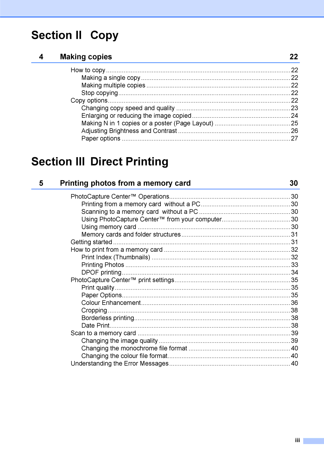 Brother DCP-375CW manual Section II Copy, Section III Direct Printing 