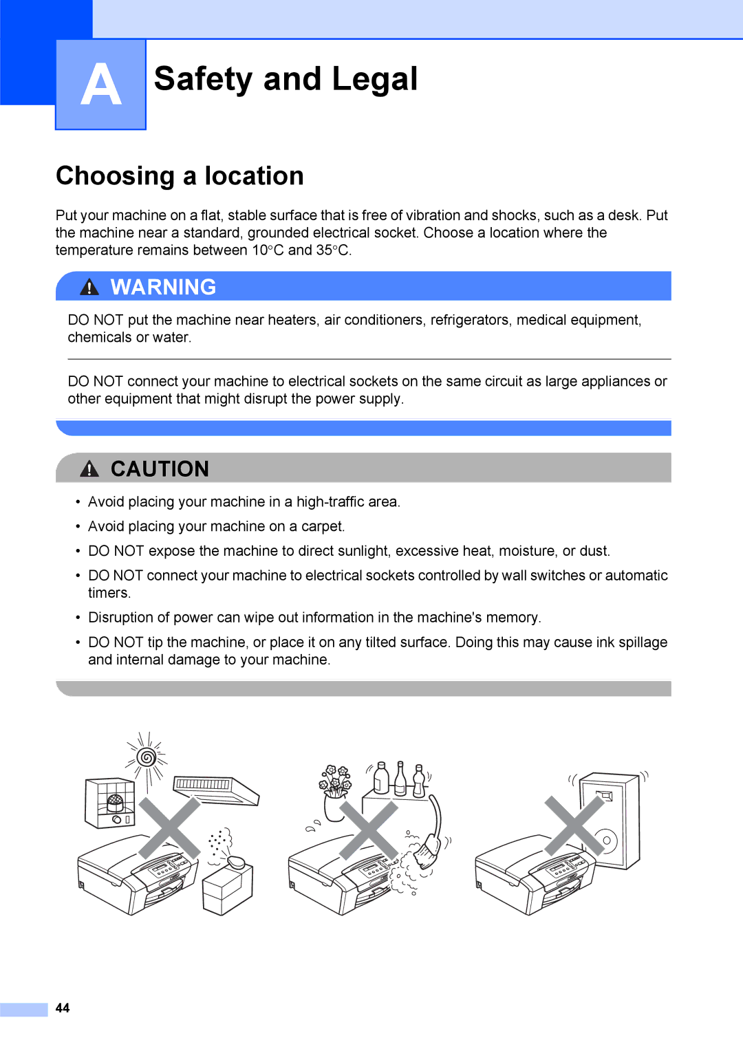 Brother DCP-375CW manual Safety and Legal, Choosing a location 