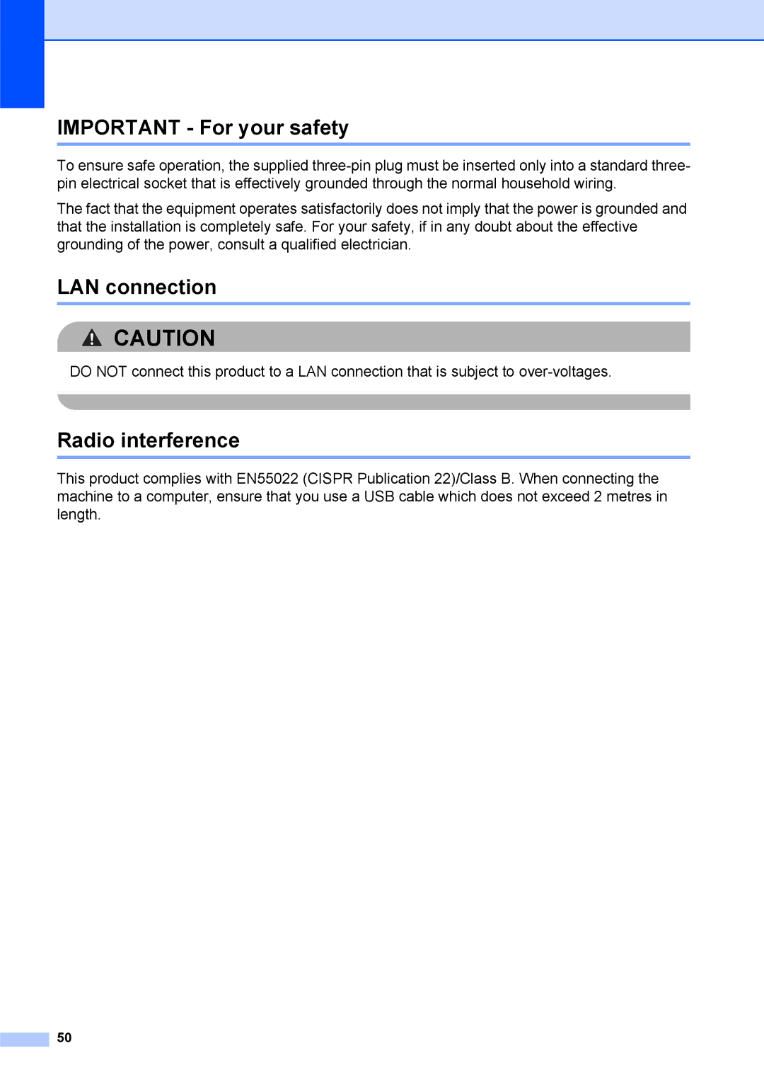 Brother DCP-375CW manual Important For your safety, LAN connection, Radio interference 