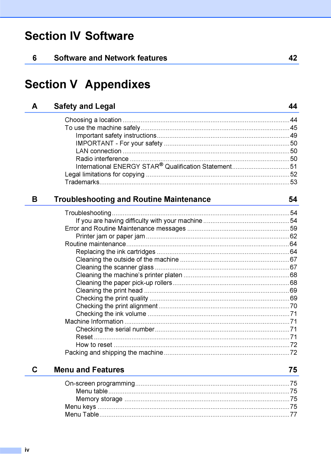 Brother DCP-375CW manual Section IV Software, Section V Appendixes 