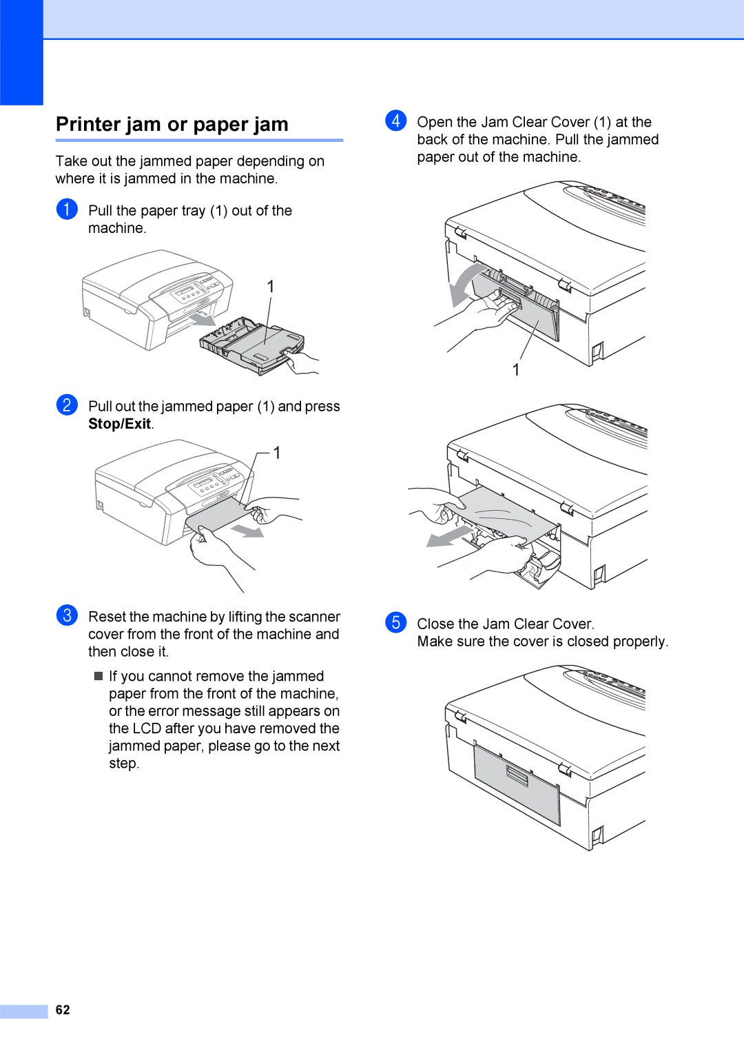 Brother DCP-375CW manual Printer jam or paper jam 