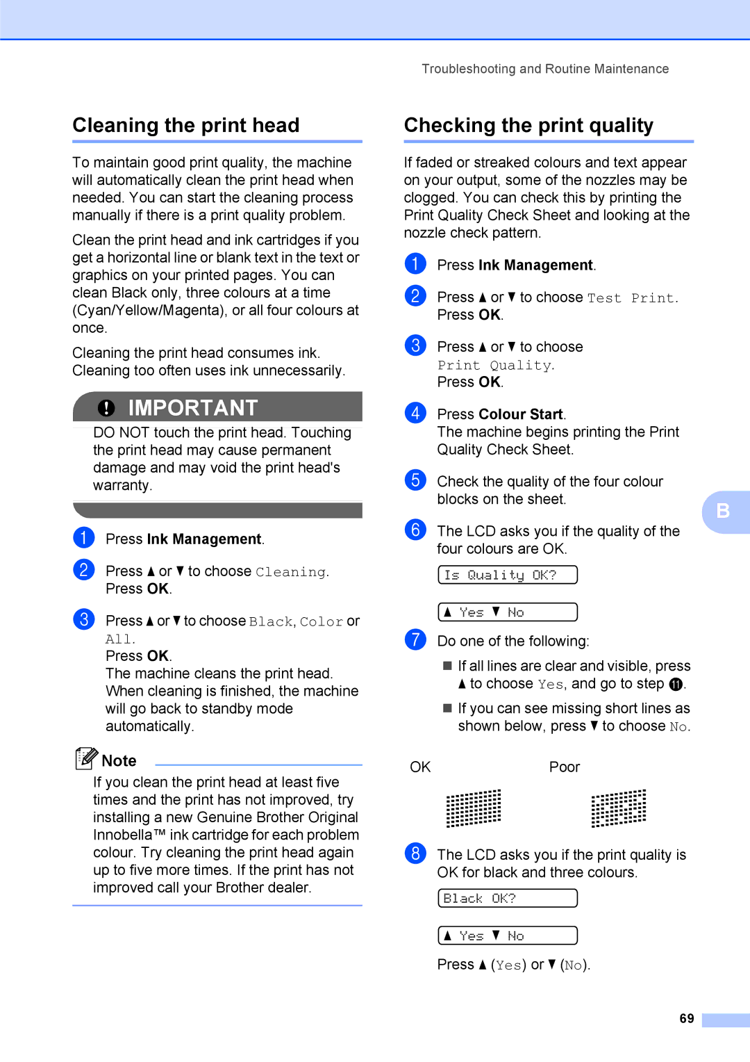 Brother DCP-375CW manual Cleaning the print head, Checking the print quality, Press Ink Management, Press Colour Start 