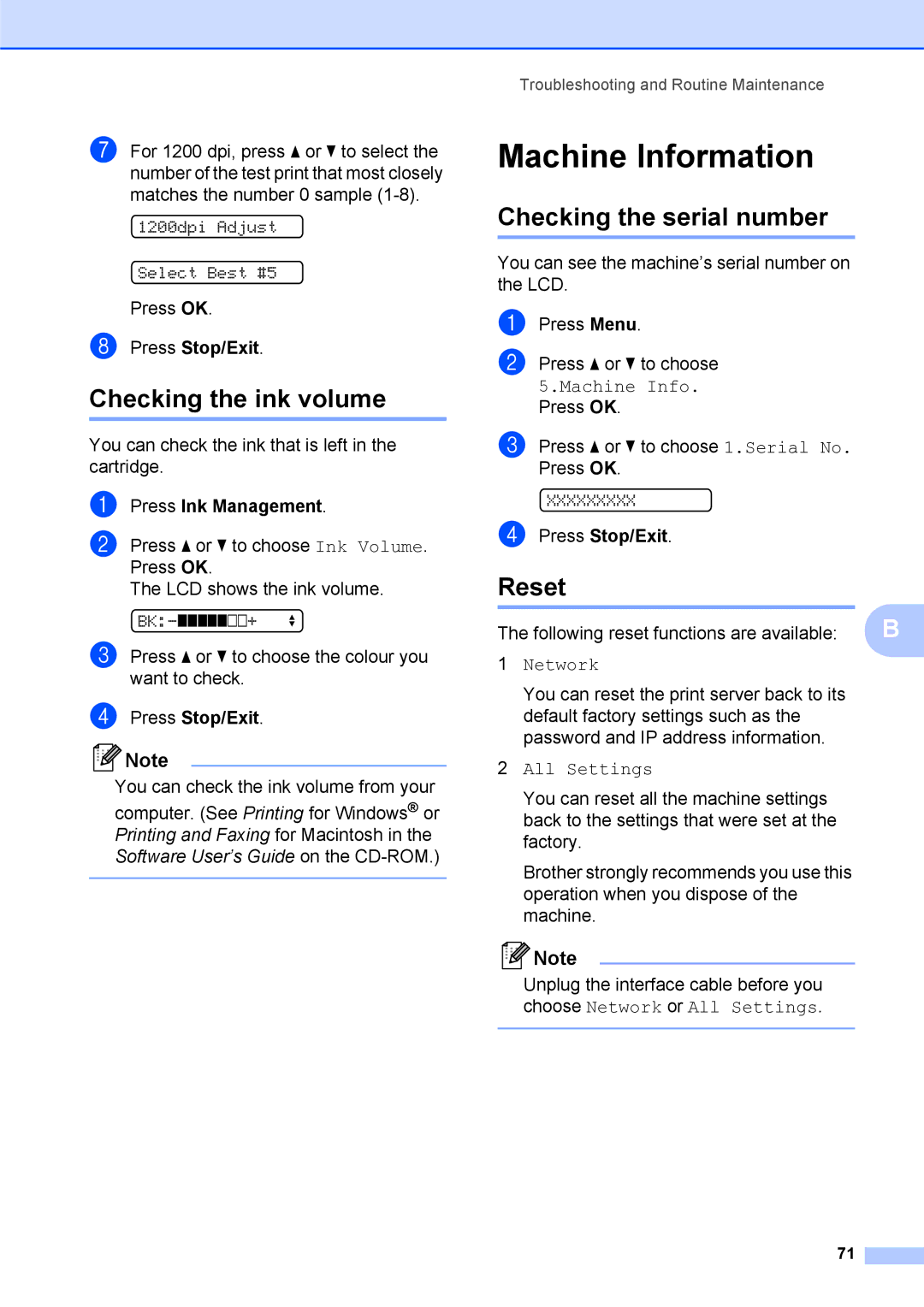 Brother DCP-375CW manual Machine Information, Checking the ink volume, Checking the serial number, Reset 