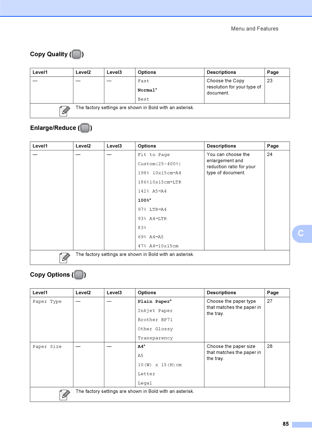 Brother DCP-375CW manual Copy Quality, Enlarge/Reduce, Copy Options 