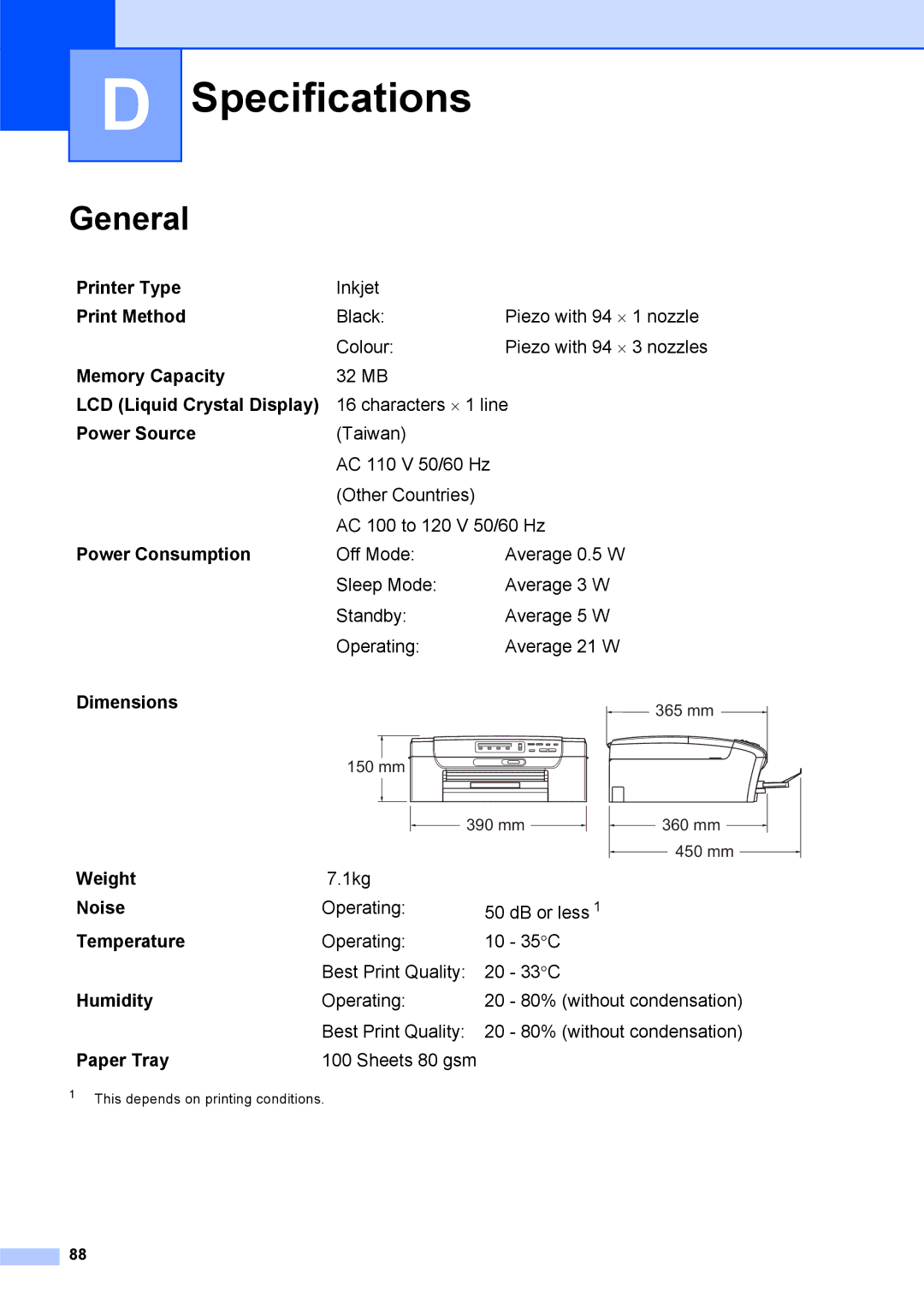 Brother DCP-375CW manual Specifications, General 