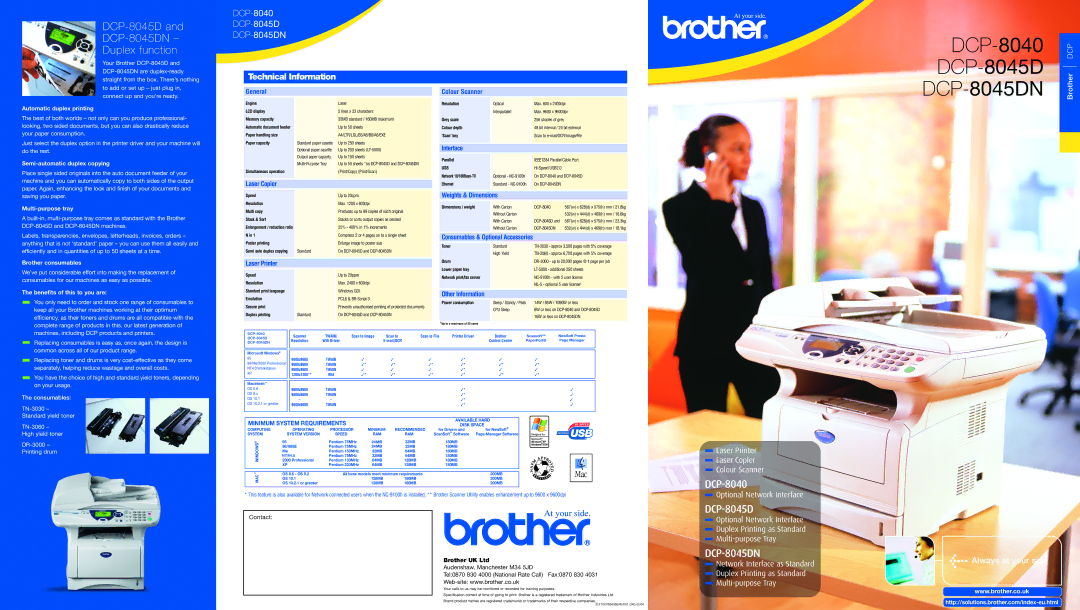 Brother DCP-8040 dimensions General, Laser Copier, Laser Printer, Colour Scanner, Interface, Weights & Dimensions 