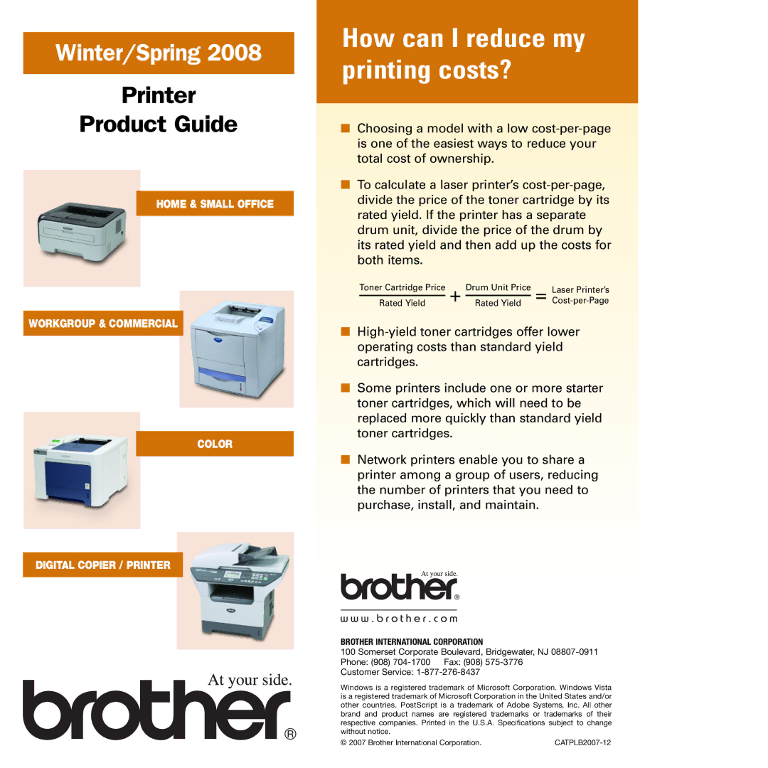 Brother DCP-8060 specifications Toner Cartridge Price, Rated Yield, Brother International Corporation CATPLB2007-12 