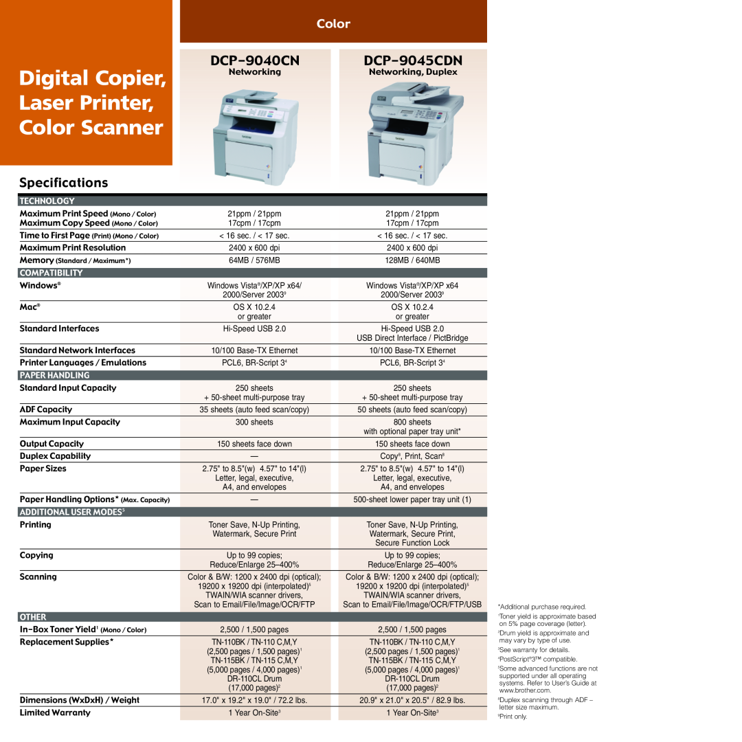 Brother DCP-8060 DCP-9040CN, DCP-9045CDN, Digital Copier, Laser Printer, Color Scanner, Specifications, Technology 
