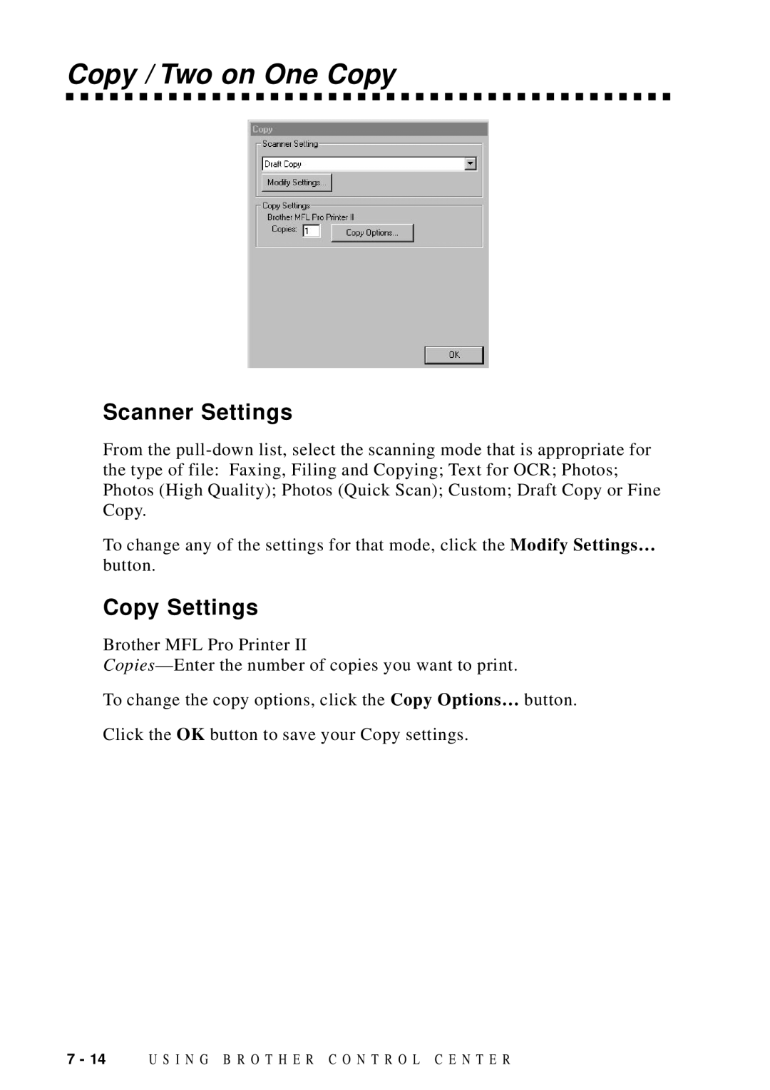 Brother DCP1200 manual Copy / Two on One Copy, Copy Settings 