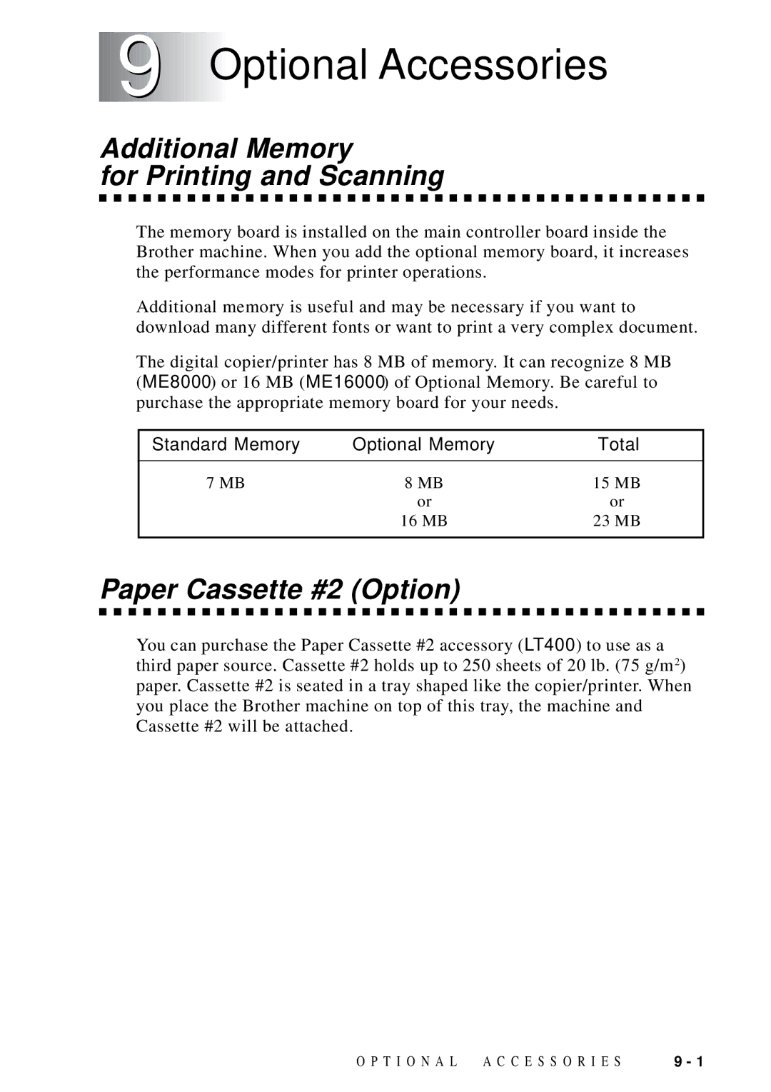 Brother DCP1200 manual Optional Accessories, Additional Memory For Printing and Scanning, Paper Cassette #2 Option 