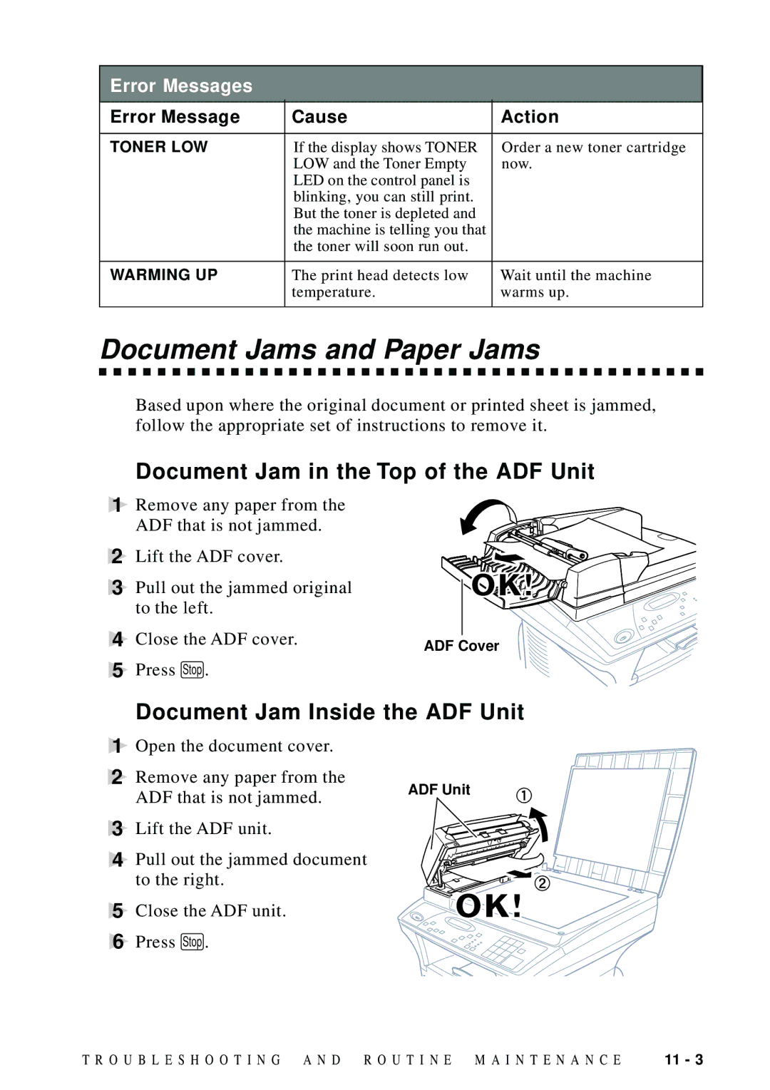 Brother DCP1200 Document Jams and Paper Jams, Document Jam in the Top of the ADF Unit, Document Jam Inside the ADF Unit 