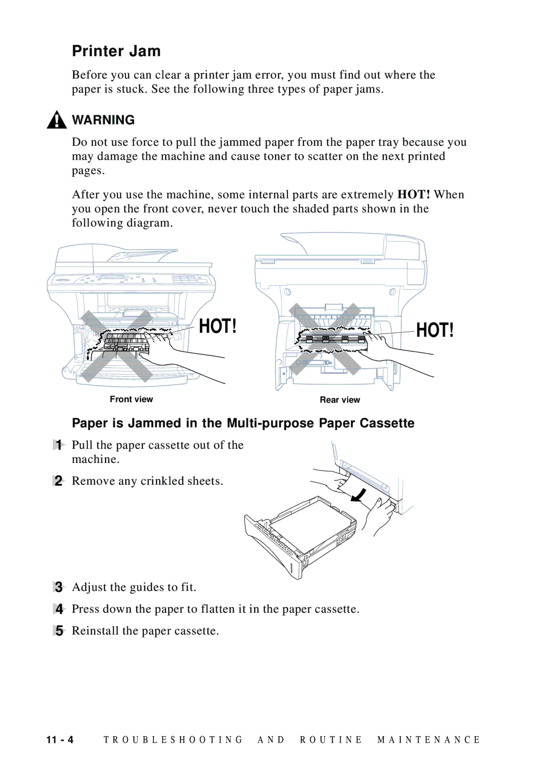 Brother DCP1200 manual Printer Jam, Paper is Jammed in the Multi-purpose Paper Cassette 