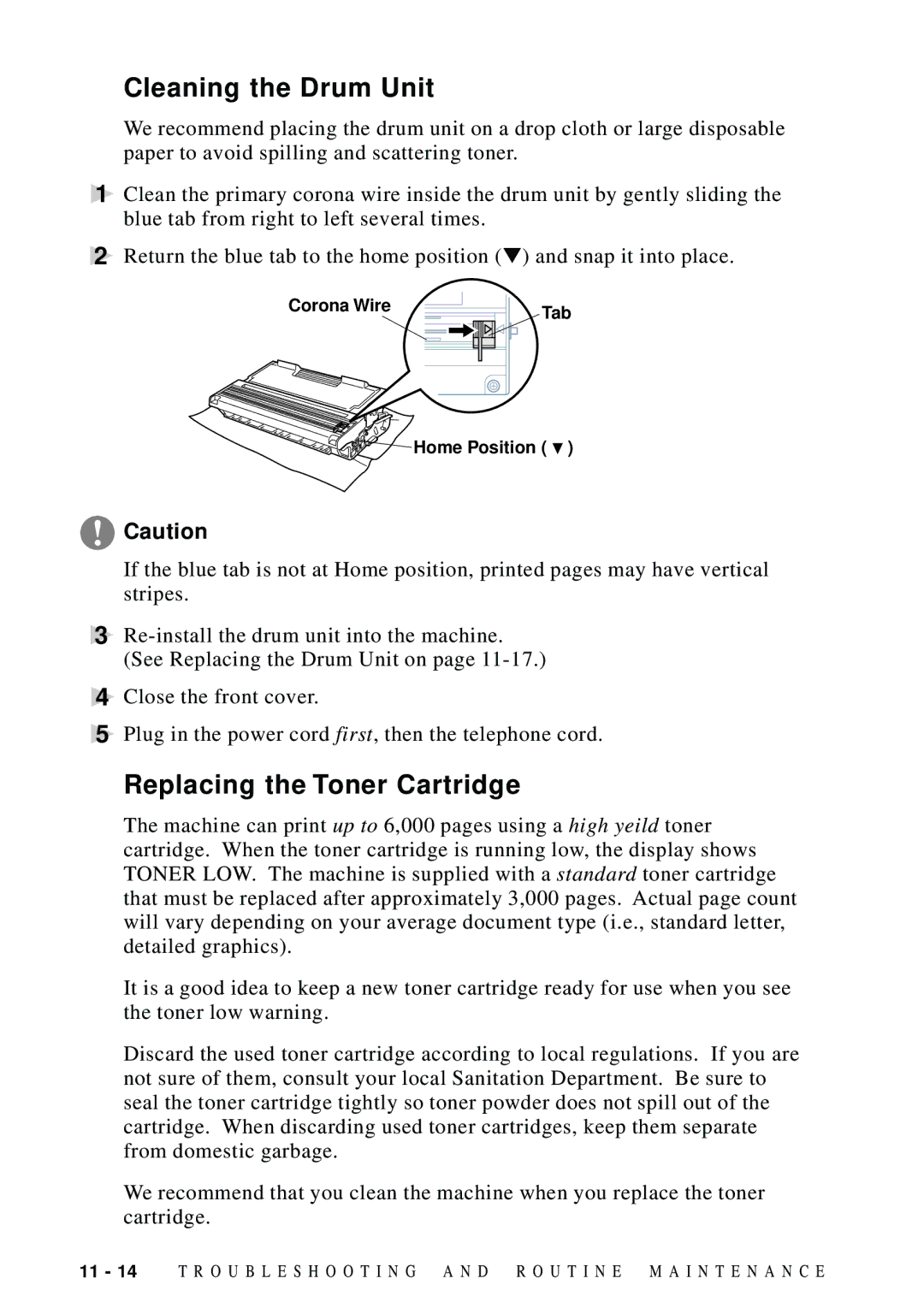 Brother DCP1200 manual Cleaning the Drum Unit, Replacing the Toner Cartridge 