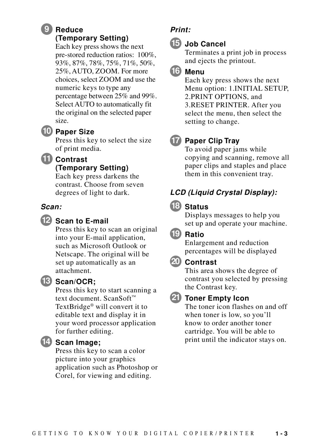 Brother DCP1200 Reduce Temporary Setting, Paper Size, Contrast Temporary Setting, Scan to E-mail, Scan/OCR, Scan Image 