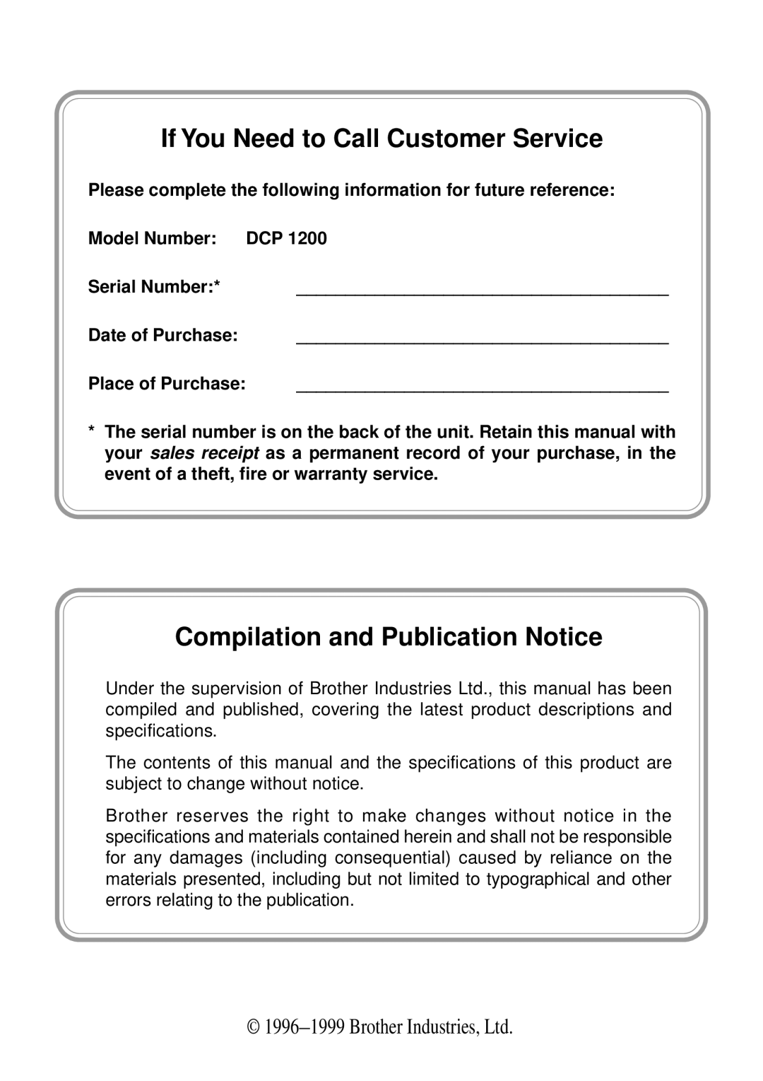 Brother DCP1200 manual If You Need to Call Customer Service 