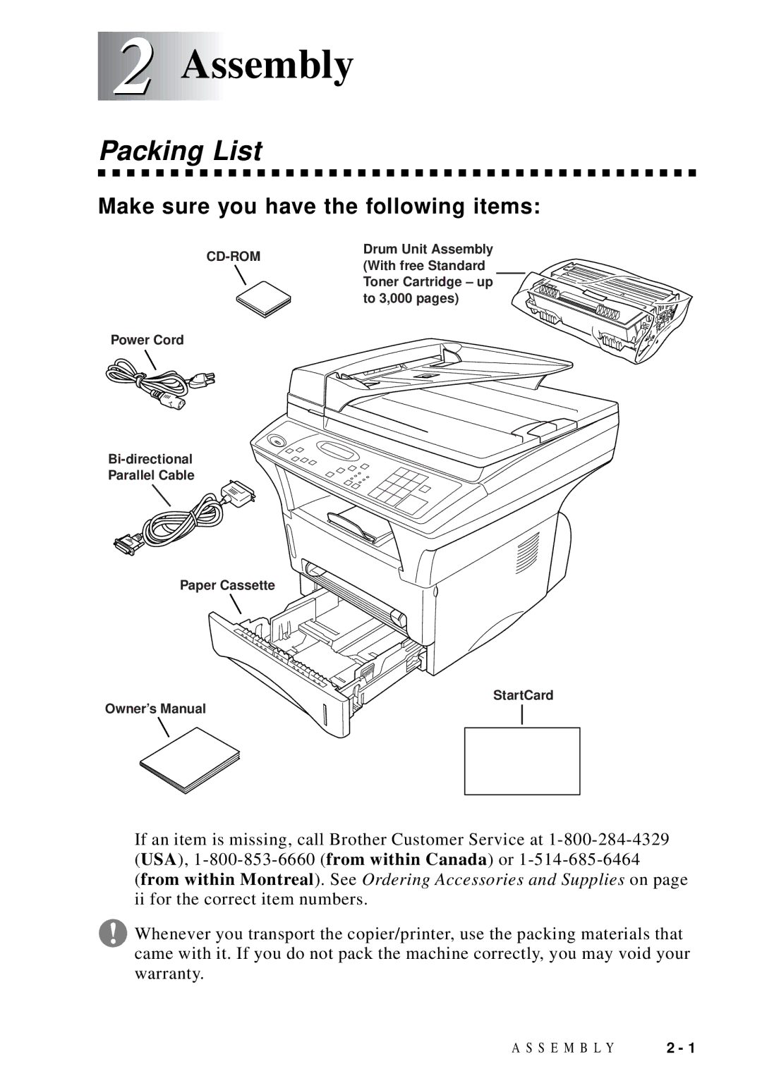 Brother DCP1200 manual Assembly, Packing List, Make sure you have the following items 