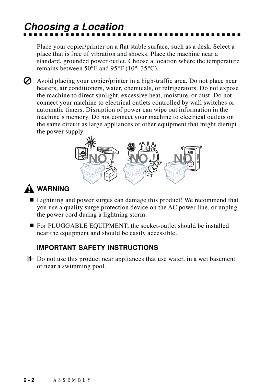 Brother DCP1200 manual No ! no ! no, Choosing a Location 