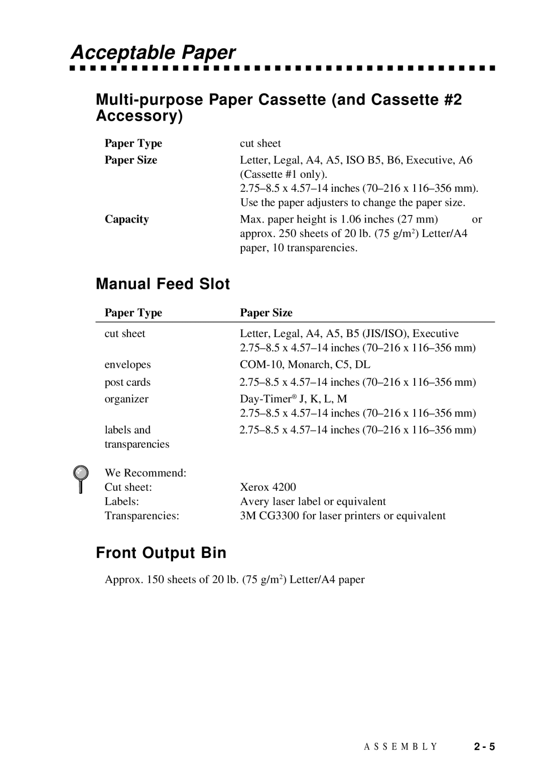 Brother DCP1200 manual Acceptable Paper, Multi-purpose Paper Cassette and Cassette #2 Accessory, Manual Feed Slot 