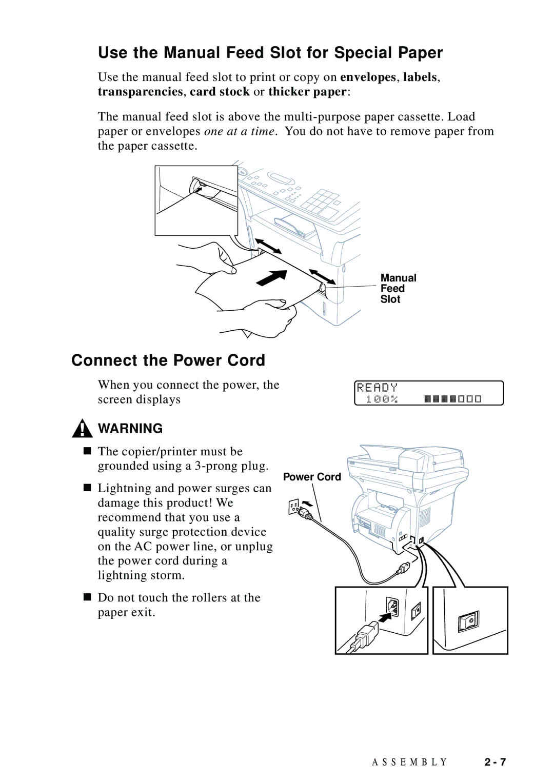 Brother DCP1200 manual Use the Manual Feed Slot for Special Paper, Connect the Power Cord, Ready 