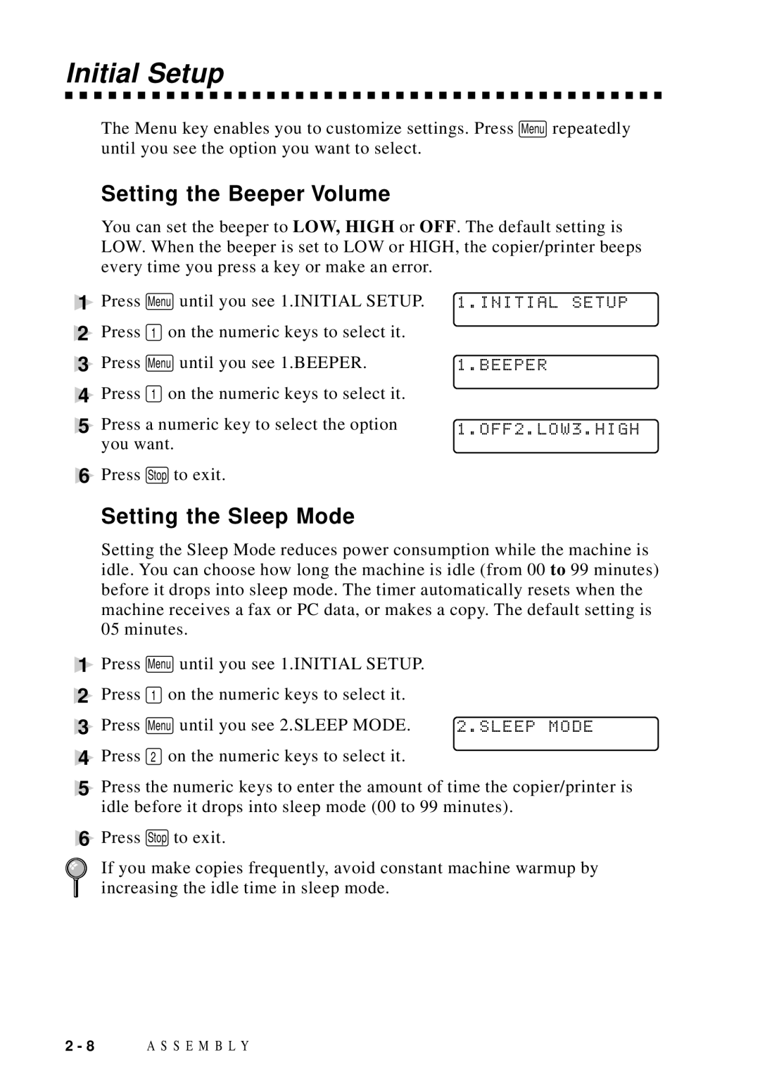 Brother DCP1200 manual Initial Setup, Setting the Beeper Volume, Setting the Sleep Mode 