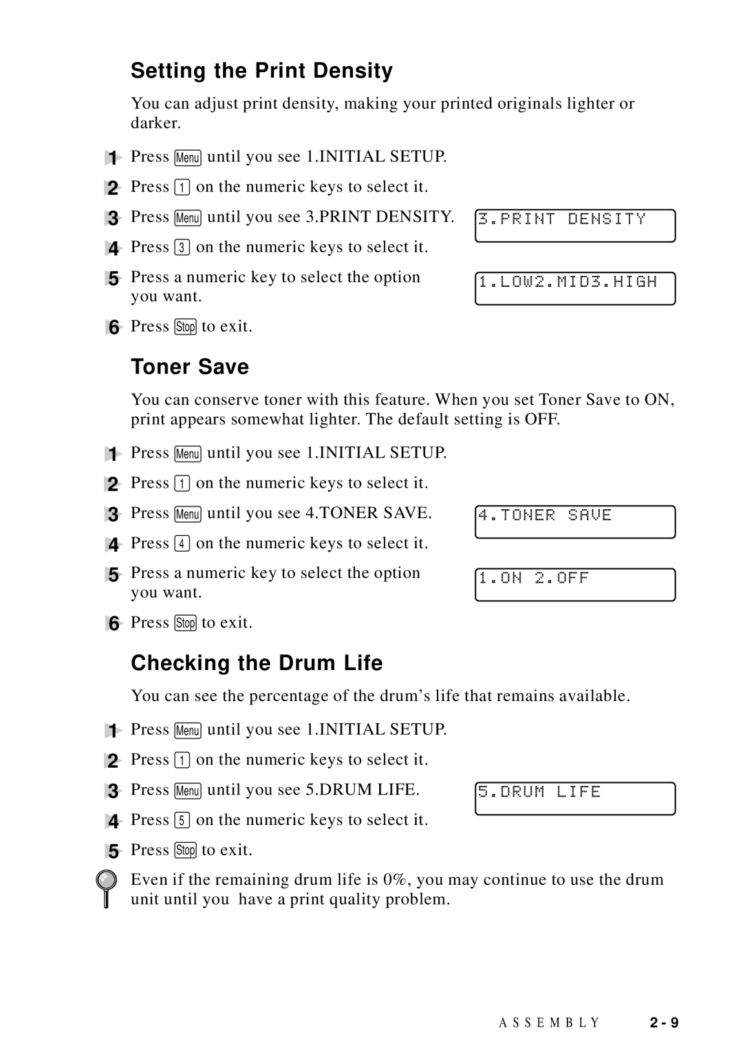 Brother DCP1200 manual Setting the Print Density, Toner Save, Checking the Drum Life 