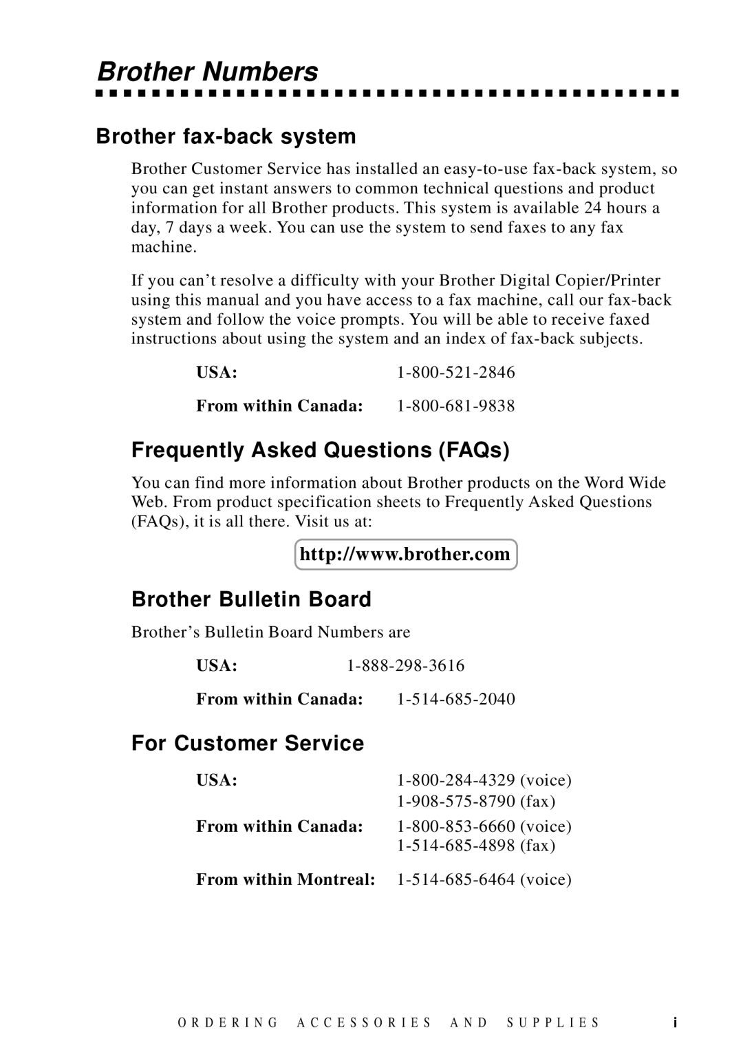 Brother DCP1200 manual Brother Numbers, Brother fax-back system, Frequently Asked Questions FAQs, Brother Bulletin Board 