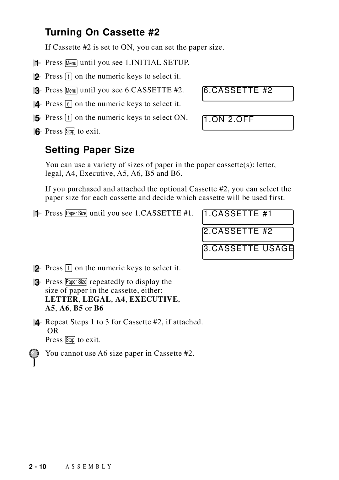 Brother DCP1200 manual Turning On Cassette #2, Setting Paper Size, Cassette Usage 