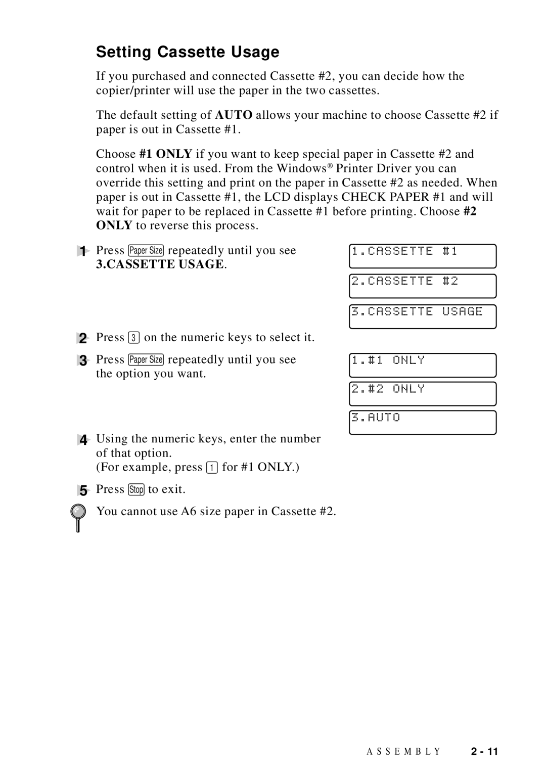 Brother DCP1200 manual Setting Cassette Usage, Cassette #1, Auto 