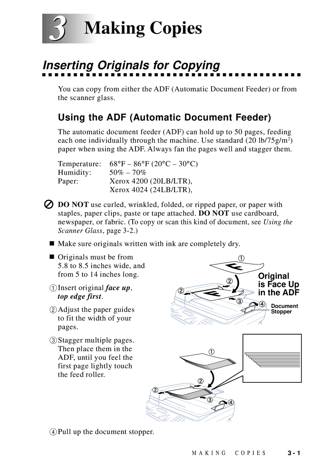 Brother DCP1200 manual Making Copies, Inserting Originals for Copying, Using the ADF Automatic Document Feeder 