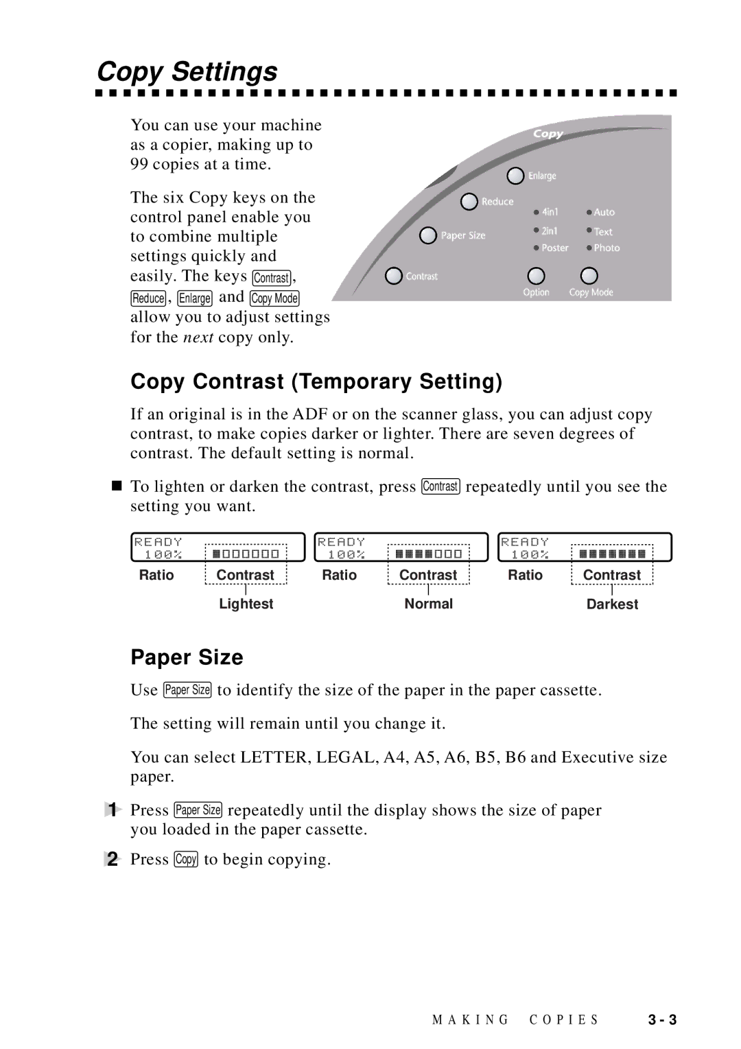 Brother DCP1200 manual Copy Settings, Copy Contrast Temporary Setting, Paper Size 