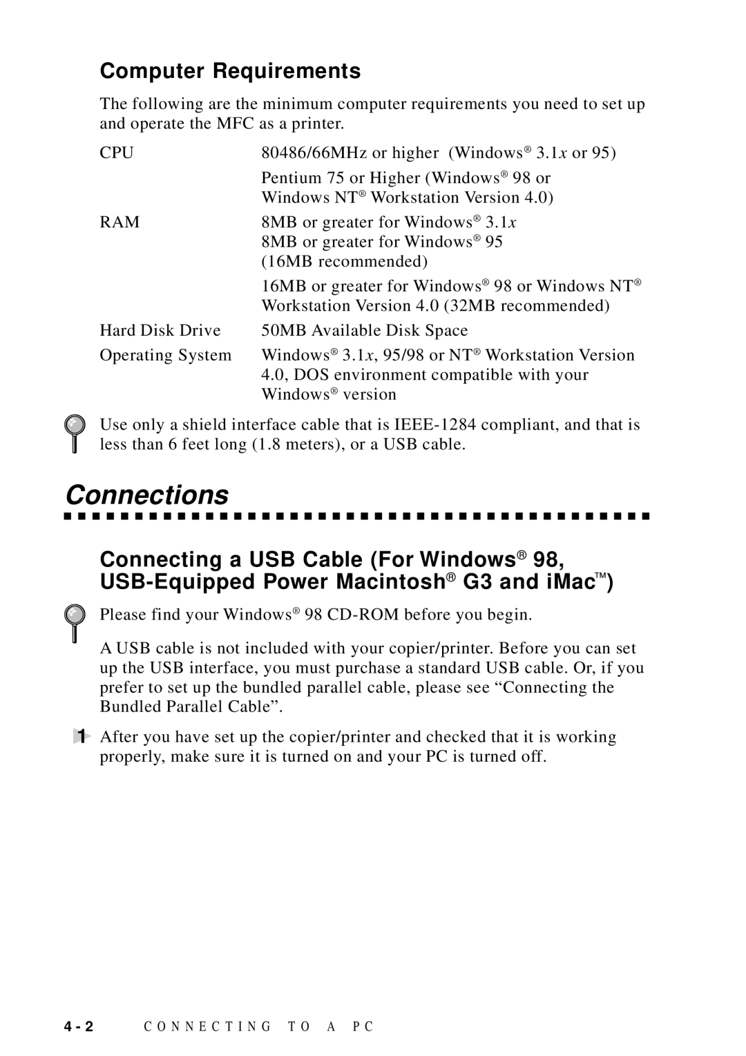 Brother DCP1200 manual Connections, Computer Requirements, Cpu, Ram 