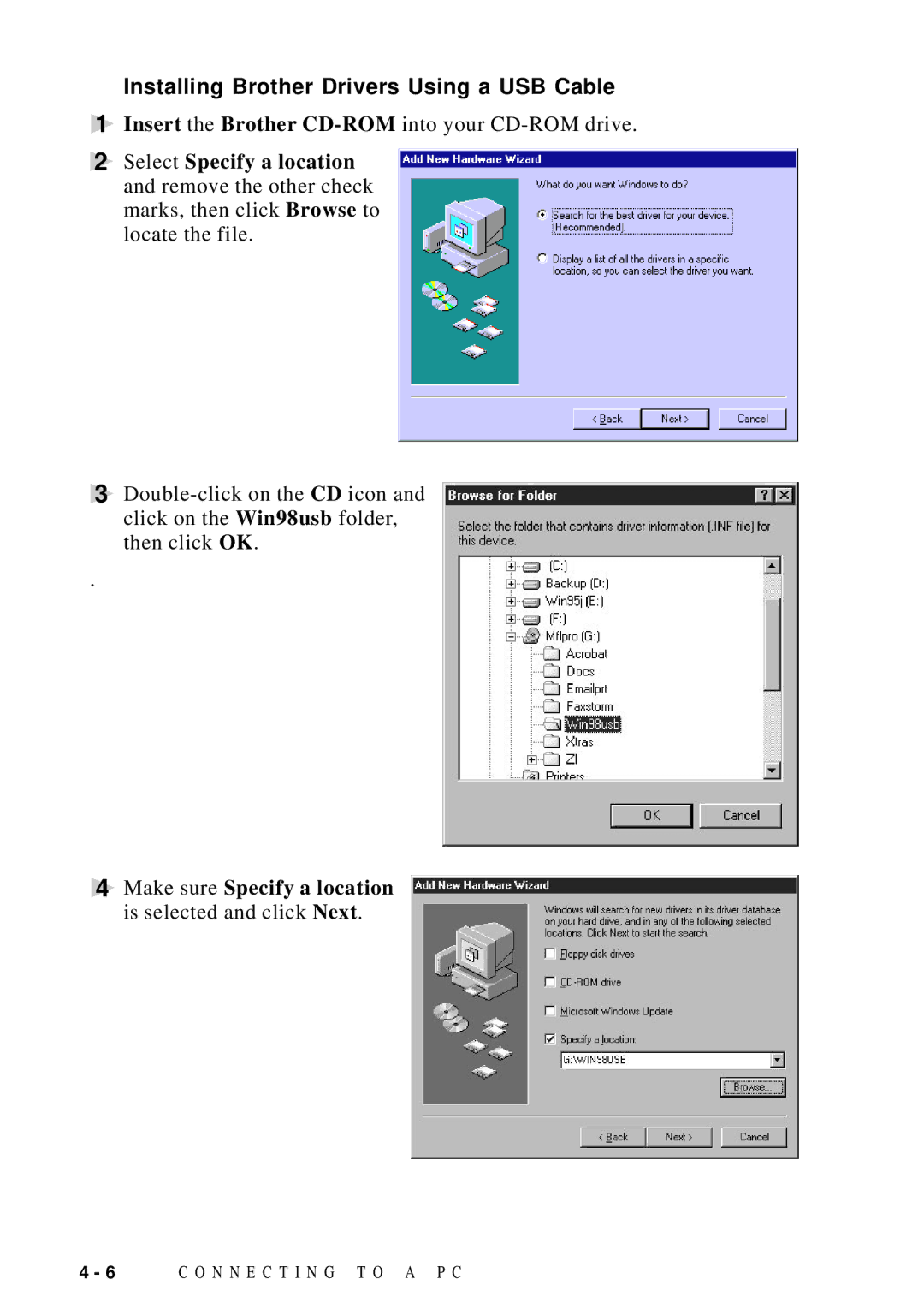 Brother DCP1200 Installing Brother Drivers Using a USB Cable, Make sure Specify a location is selected and click Next 