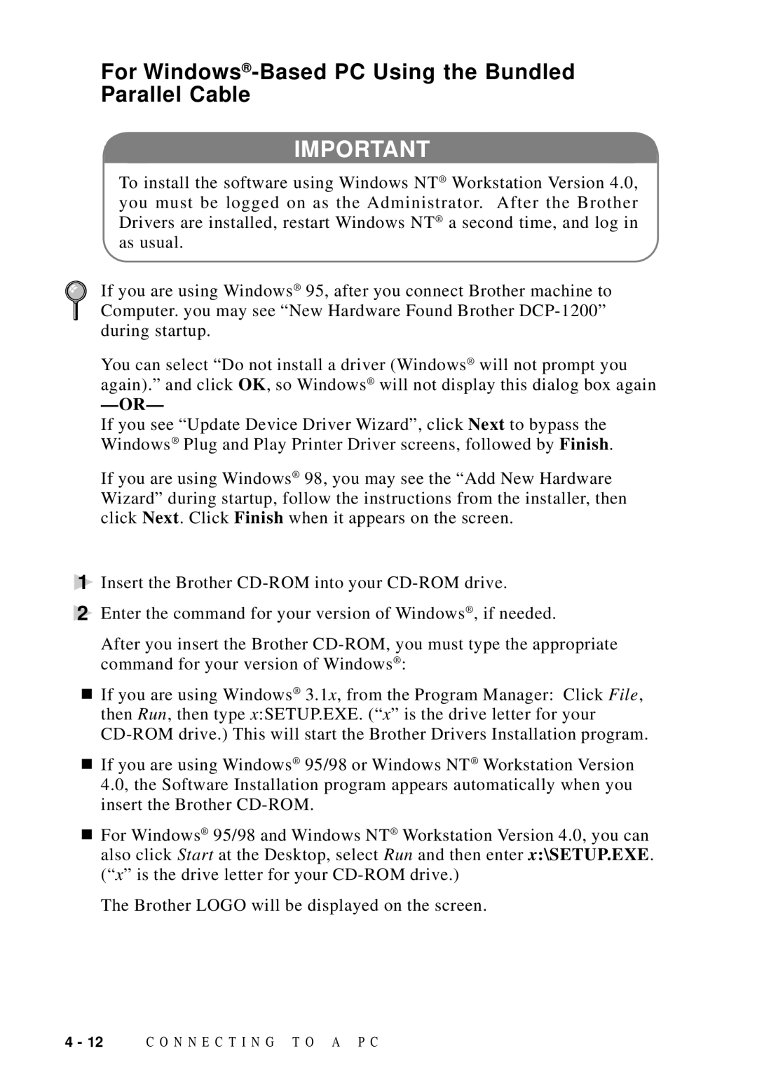 Brother DCP1200 manual For Windows -Based PC Using the Bundled Parallel Cable 