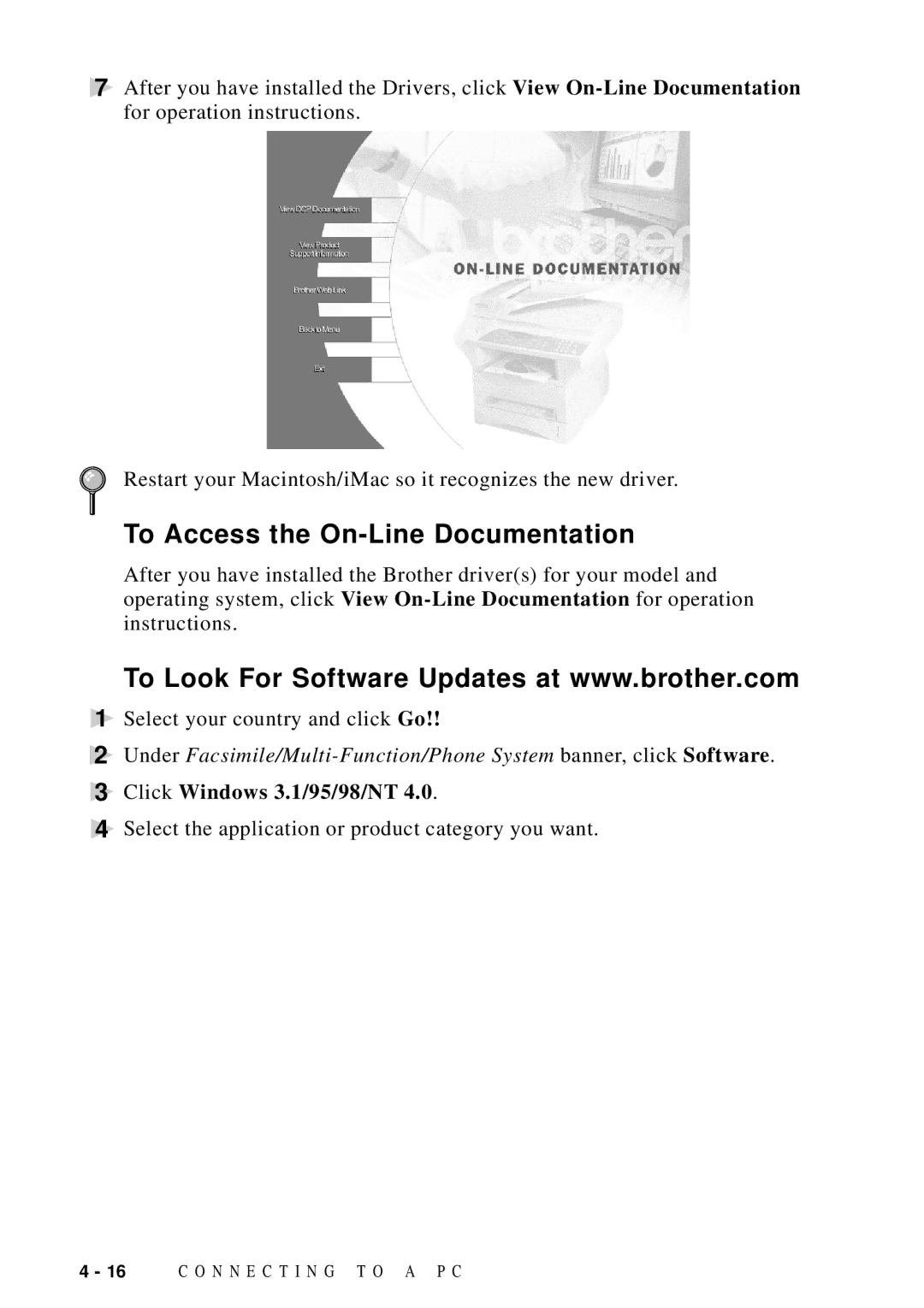 Brother DCP1200 manual To Access the On-Line Documentation, Click Windows 3.1/95/98/NT 