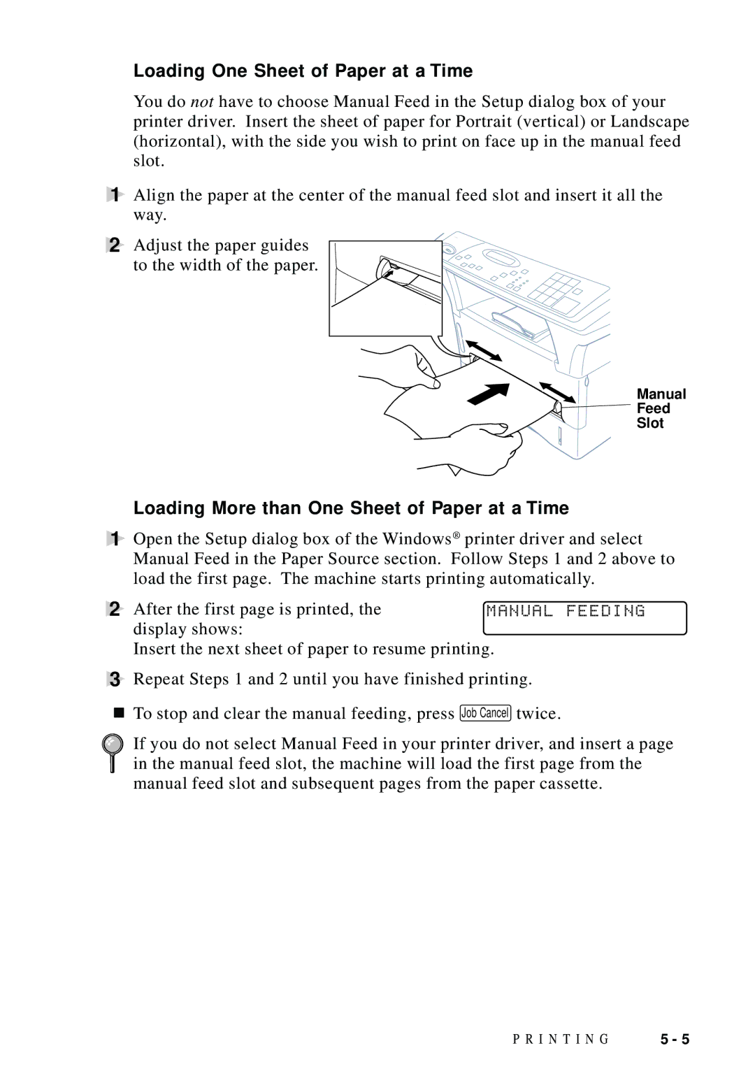 Brother DCP1200 manual Loading One Sheet of Paper at a Time, Loading More than One Sheet of Paper at a Time, Manual Feeding 