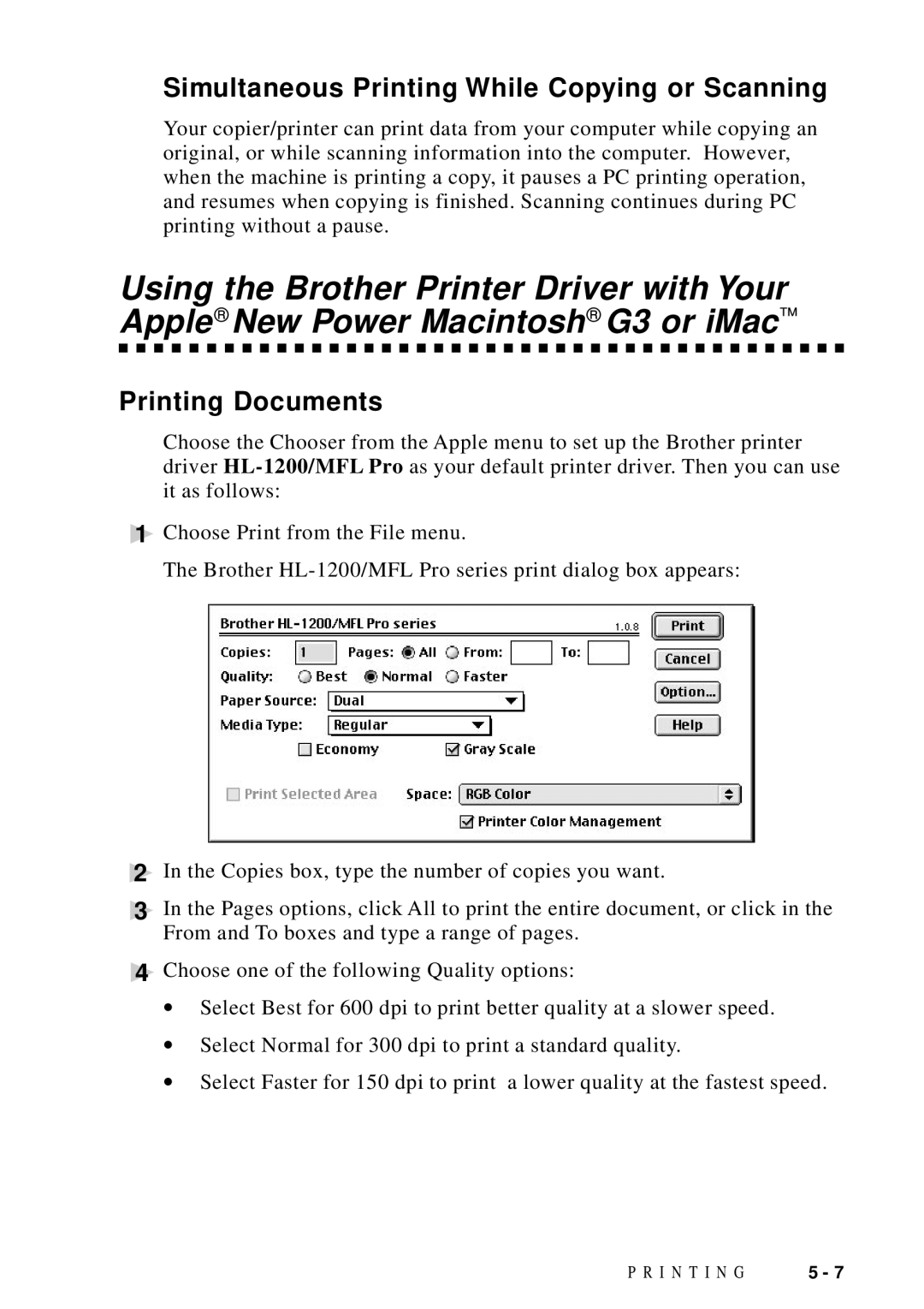 Brother DCP1200 manual Simultaneous Printing While Copying or Scanning, Printing Documents 