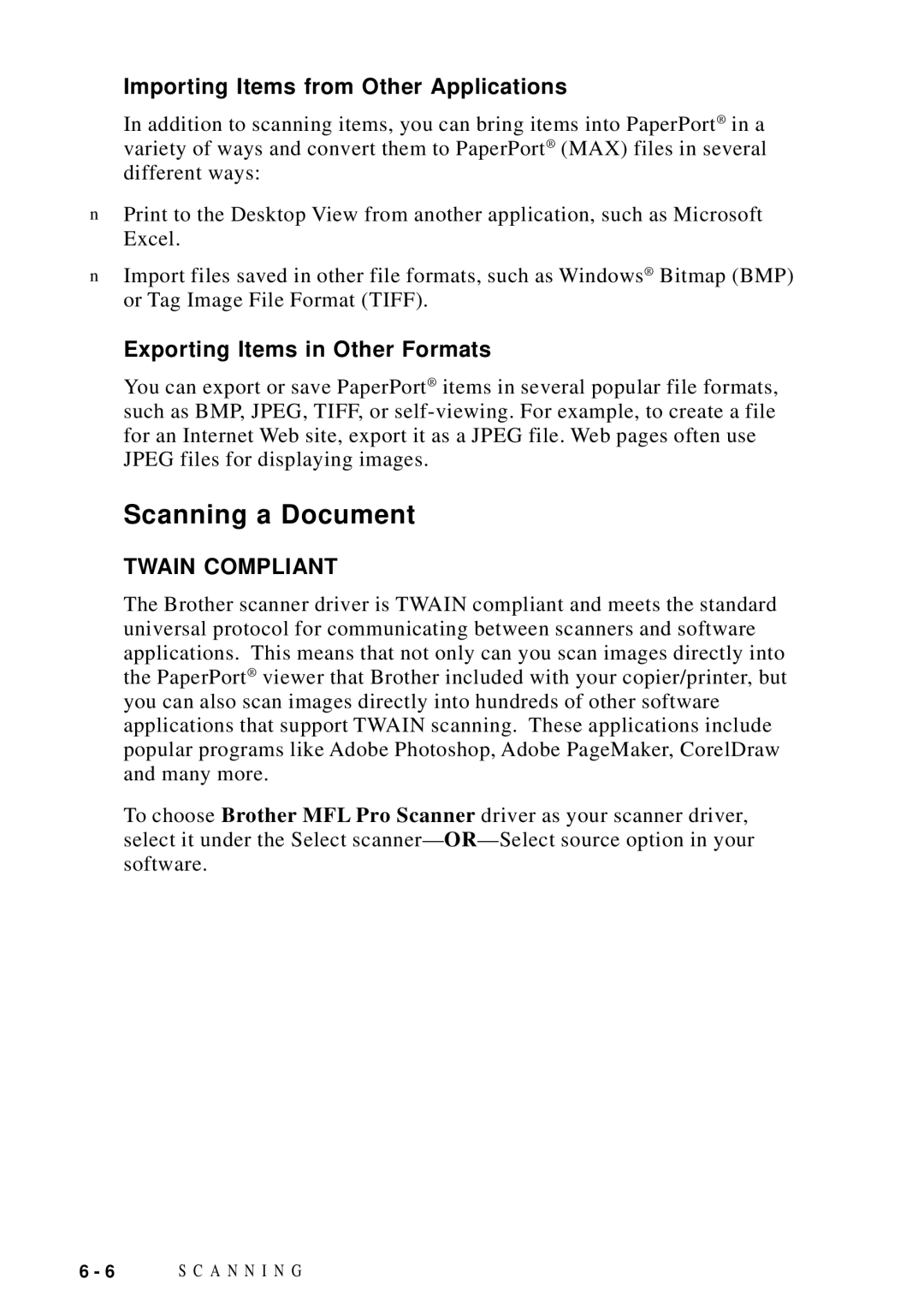 Brother DCP1200 manual Scanning a Document, Importing Items from Other Applications, Exporting Items in Other Formats 